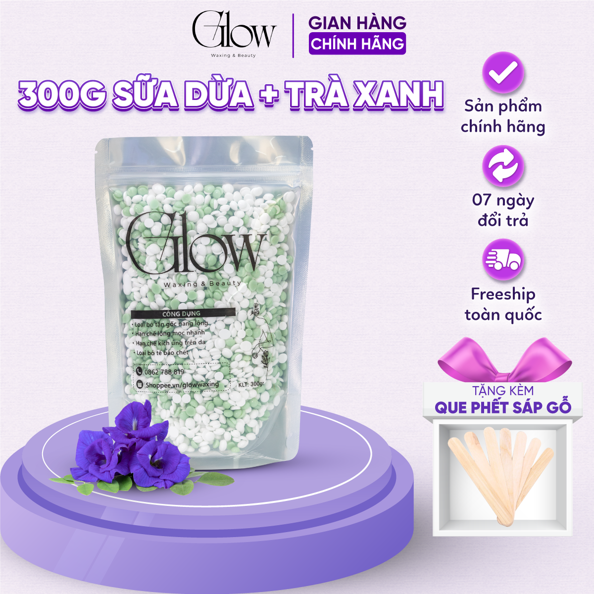Sáp Wax Lông Trà Xanh Mix Sữa Dừa Premium Siêu Bám Lông Chuyên Dùng Wax Nách, Bikini GLOW WAXING Tặng Que Phết Sáp