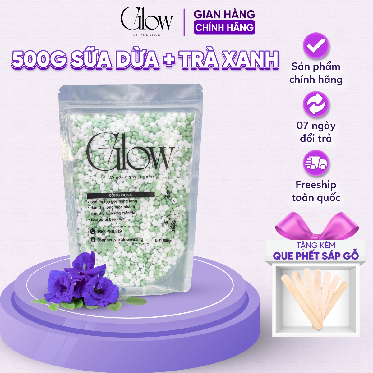 Sáp Wax Lông Trà Xanh Mix Sữa Dừa Premium Siêu Bám Lông Chuyên Dùng Wax Nách, Bikini GLOW WAXING Tặng Que Phết Sáp