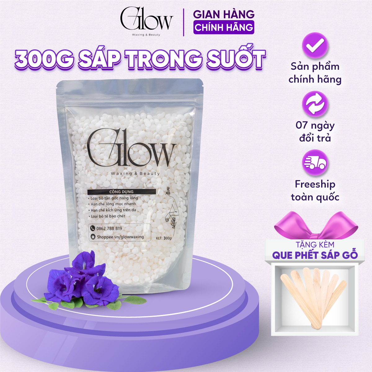 Sáp Wax Lông Premier Trong Suốt GLOWWAXING Cao Cấp Bám Lông Tốt Chuyên Wax Bikini, Nách Tặng Que Phết Sáp