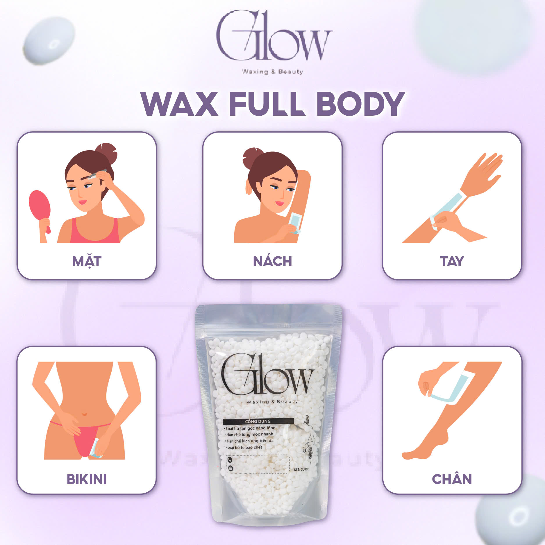 Sáp Wax Lông Nhũ Ánh Tím GLOWWAXING Cao Cấp, Siêu Bám Lông Chuyên Wax Bikini, Nách Bám Lông Tốt Tặng Que Gỗ Phết Sáp