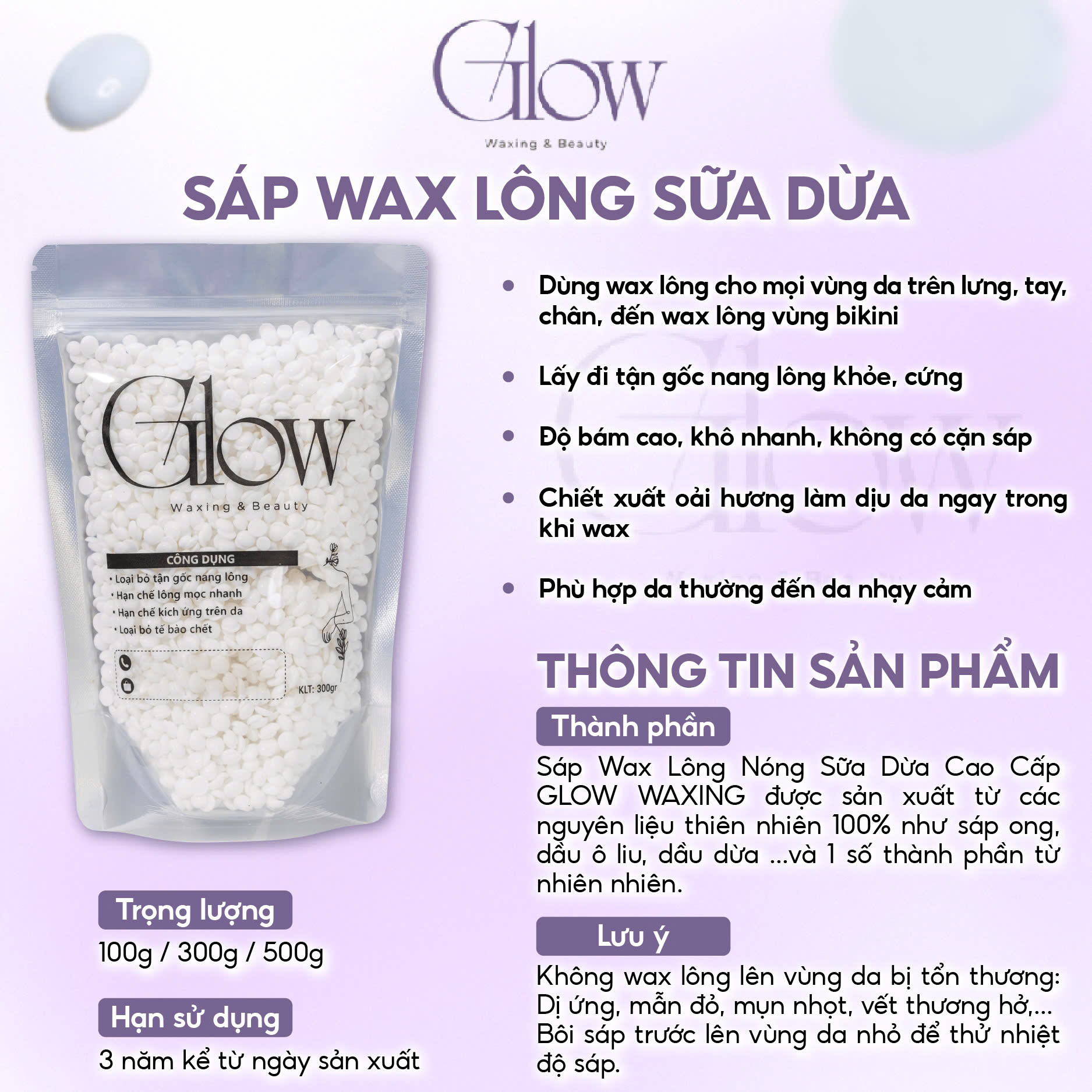 Combo Chén Nấu Sáp Wax Lông Silicone GLOW WAXING + 100gr Sáp Cao Cấp Siêu Bám Lông Tặng Que