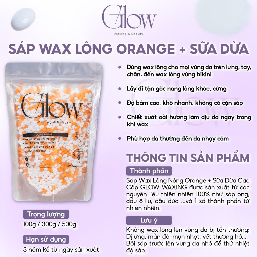 Sáp Wax Lông Nóng Sữa Dừa Orange Cao Cấp GLOW WAXING Siêu Bám Lông Thân Thiện Với Làn Da Tặng Que Gỗ CHE TÊN SẢN PHẨM