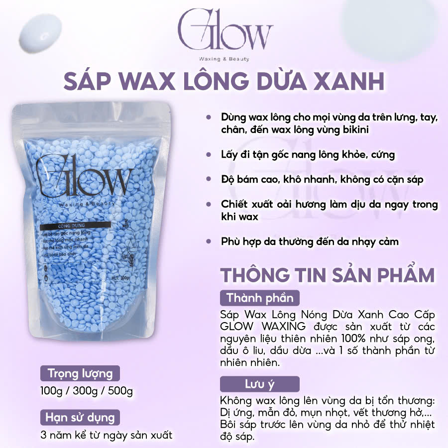 Combo Chén Nấu Sáp Wax Lông Silicone Màu Tím GLOW WAXING + 100gr Sáp Cao Cấp Siêu Bám Lông Tặng Que