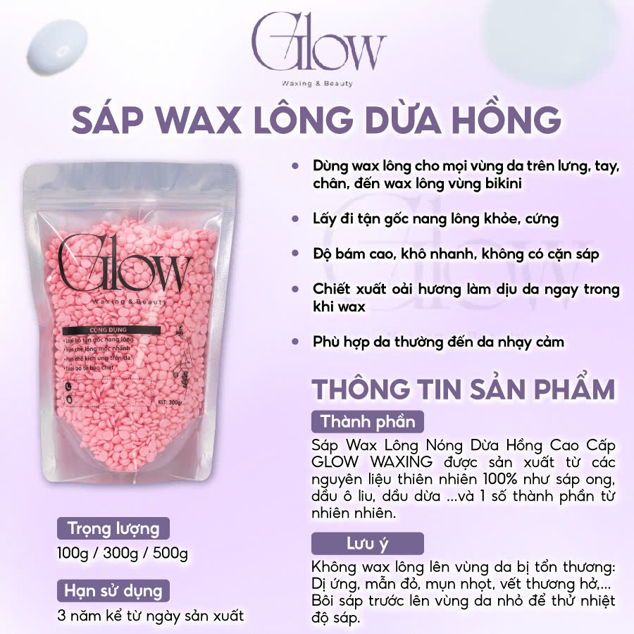 Combo Chén Nấu Sáp Wax Lông Silicone Màu Hồng GLOW WAXING + 100gr Sáp Cao Cấp Siêu Bám Lông Tặng Que