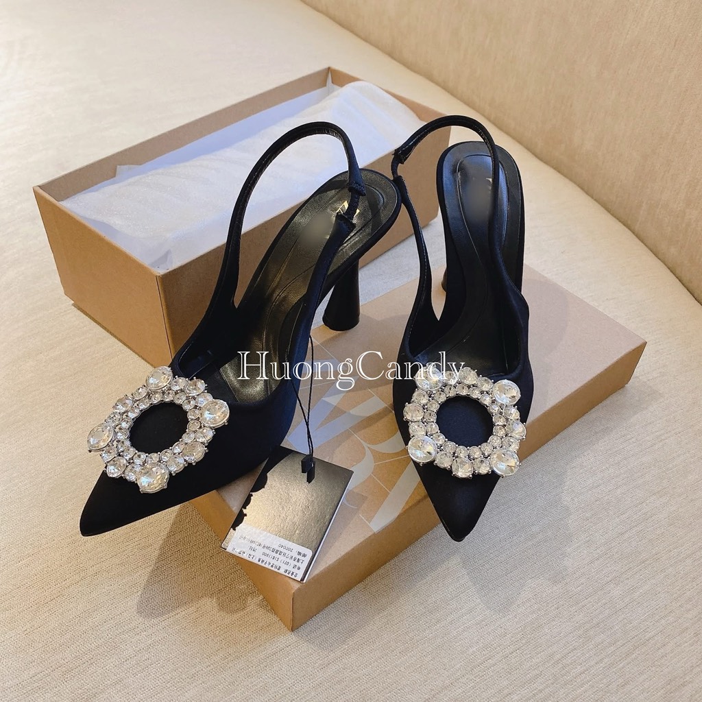 Giày ZR Vải Sa.tin đen Đính Đá Trắng Tròn Cao 8cm Fullbox[nên lùi size-HÀNG SẴN]H350/68438/T2.1B