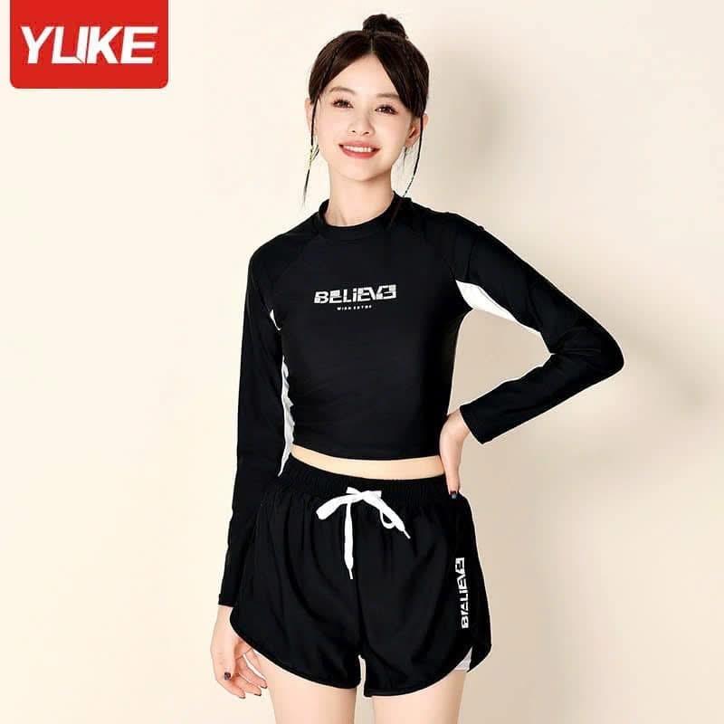 Bộ Bơi nữ áo Crop Ylike QCCC đen/trắngH81