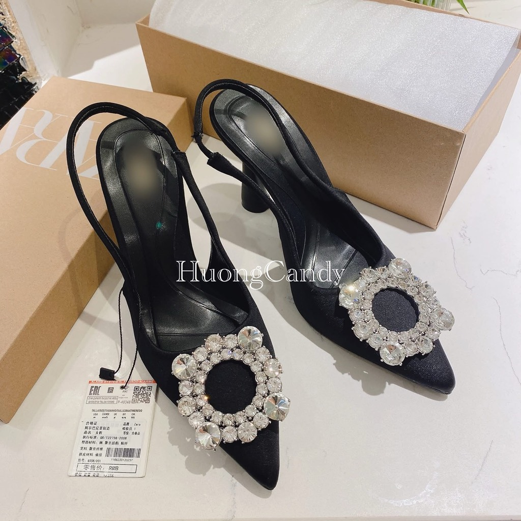 Giày ZR Vải Sa.tin đen Đính Đá Trắng Tròn Cao 8cm Fullbox[nên lùi size-HÀNG SẴN]H350/68438/T2.1B