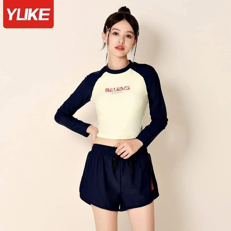 Bộ Bơi nữ áo Crop Ylike QCCC đen/trắngH81