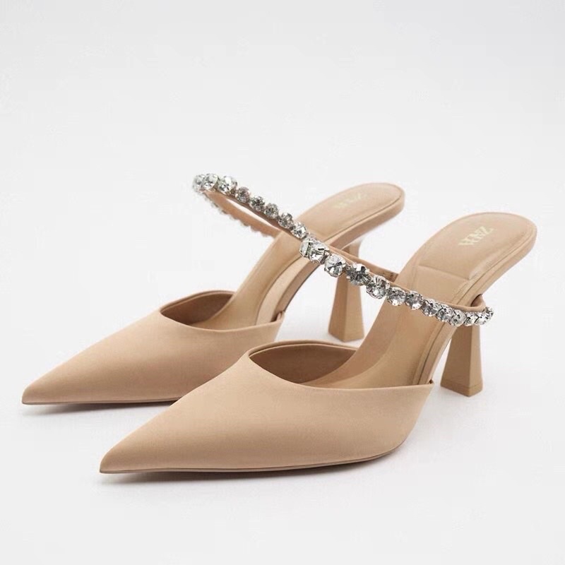 Giày Cao Gót Za.ra Quai Đính Đá Satin Mũi Nhọn Cao 7cm [ HÀNG SẴN]H351