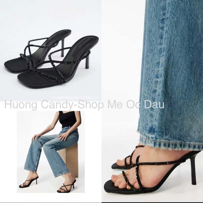Guốc ZR Quai Đá Đen Dây Mảnh Full BoxH341