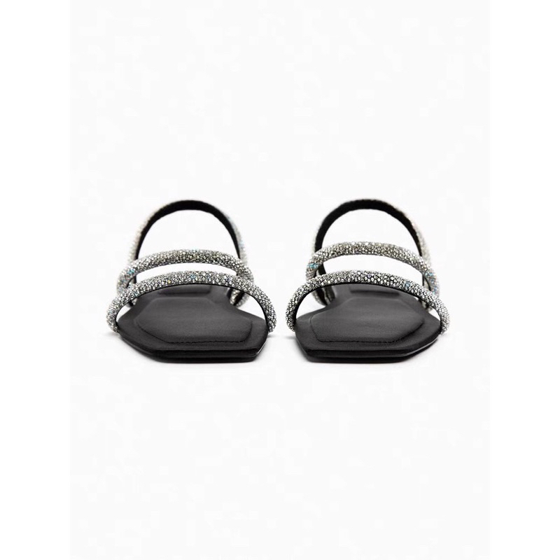 Sandal ZR bệt 2 quai ngang đính đá trắng Full boxH326