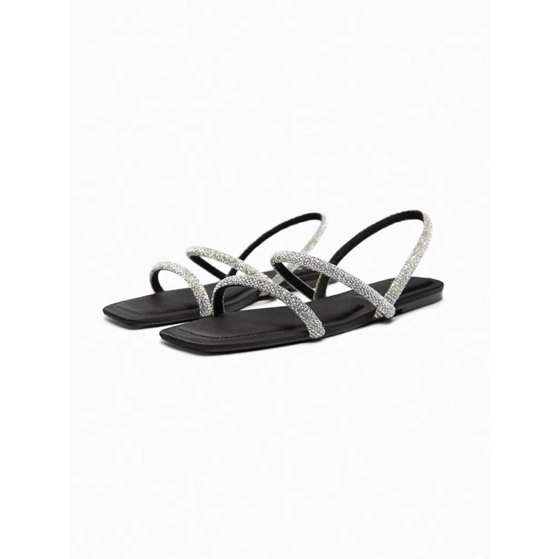 Sandal ZR bệt 2 quai ngang đính đá trắng Full boxH326