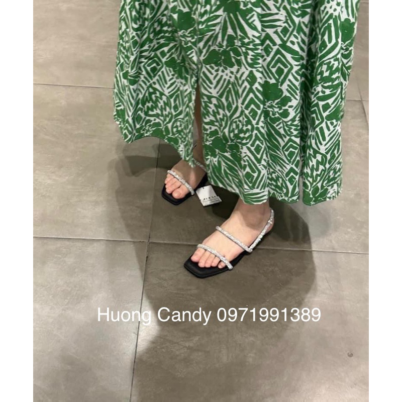 Sandal ZR bệt 2 quai ngang đính đá trắng Full boxH326