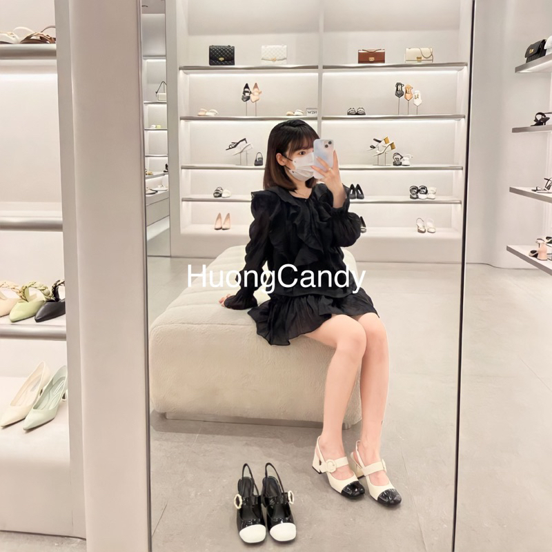 Giày CK đế vuông quai ngang đính hoa 6cm fullbox[sẵn]H293