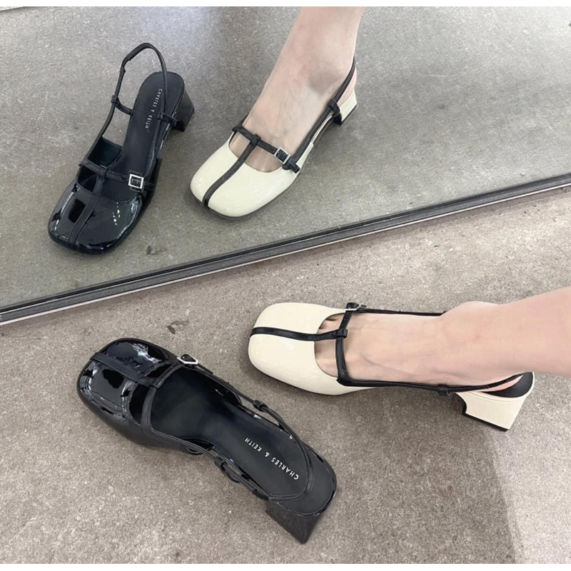 Giày sandal Cnk gót vuông Phối dây Đen mảnh hở gót [FullBox]H278