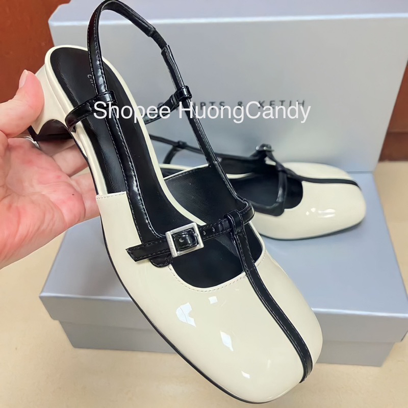 Giày sandal Cnk gót vuông Phối dây Đen mảnh hở gót [FullBox]H278