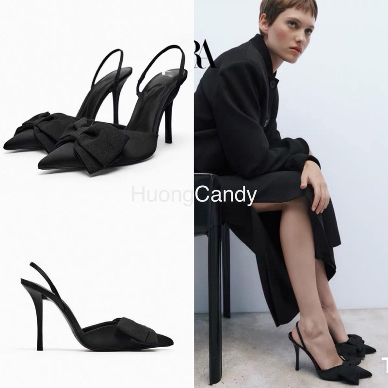 Sandal cao gót ZR nơ mũi nhọn hở sau hàng cao cấp fullbox( Sẵn -form to lùi 1 sz)H252
