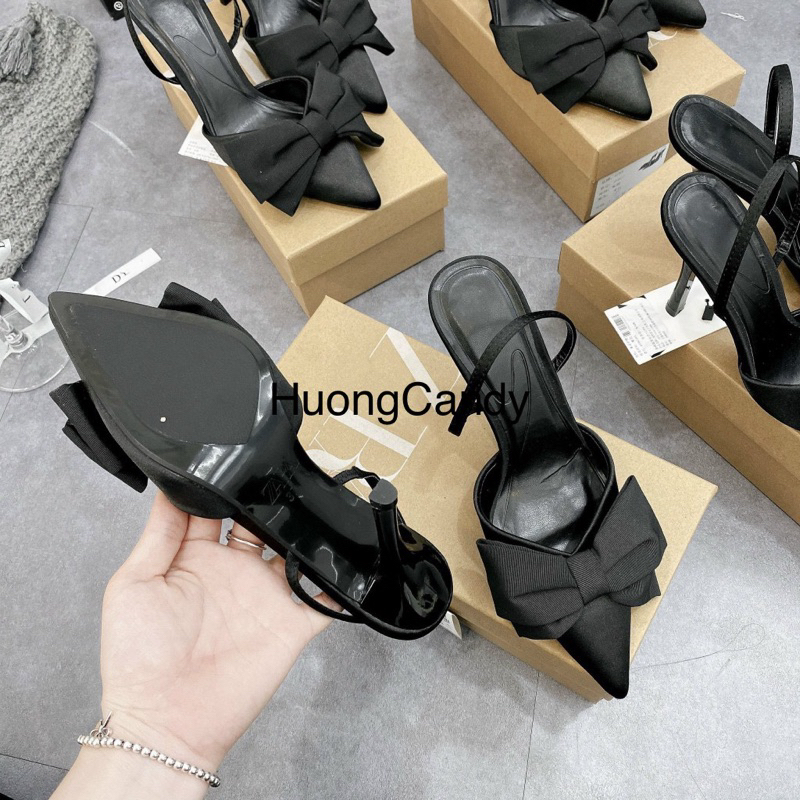 Sandal cao gót ZR nơ mũi nhọn hở sau hàng cao cấp fullbox( Sẵn -form to lùi 1 sz)H252
