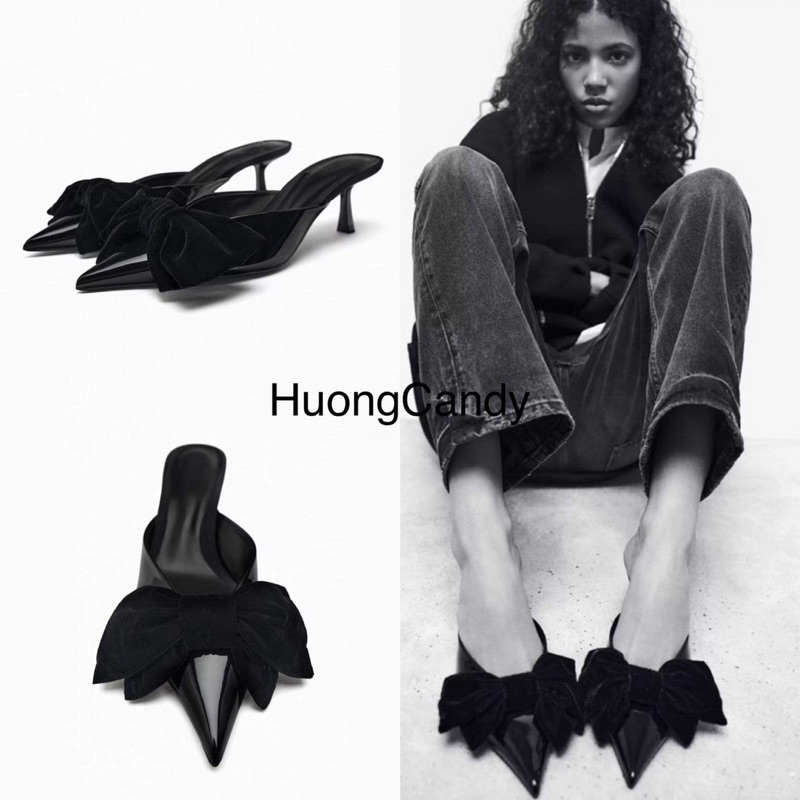 Giày sục Za Đen đính nơ nhung cao 6cm[FullBox]H254