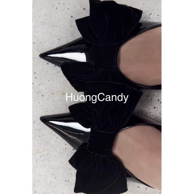 Giày sục Za Đen đính nơ nhung cao 6cm[FullBox]H254