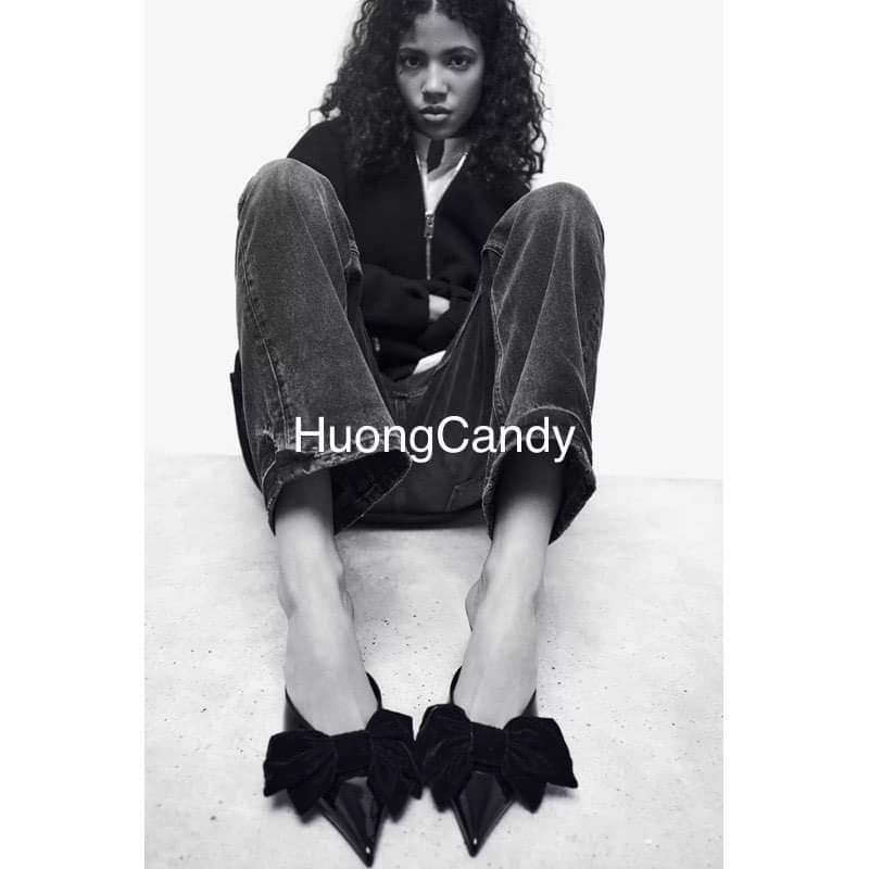Giày sục Za Đen đính nơ nhung cao 6cm[FullBox]H254