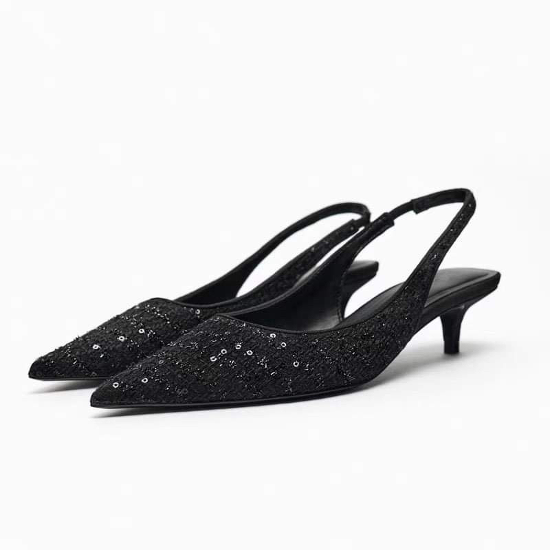 Giày Zara Slingback Đính Hạt Cườm Đen[Fullbox]H253