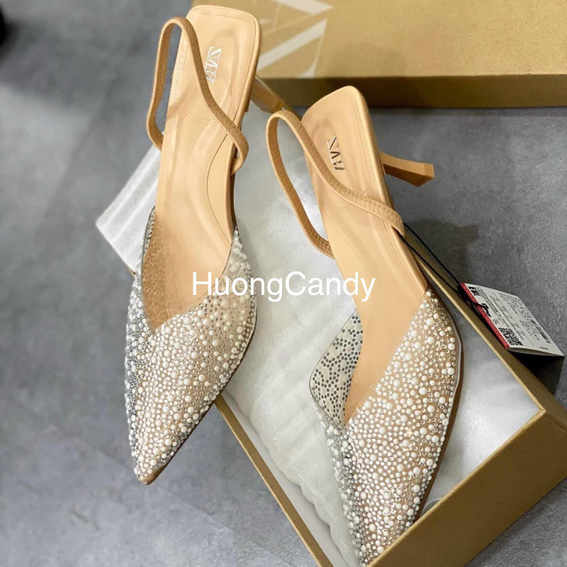 Giày ZR hạt Ngọc tròn nhũ bạc 8cm (FullBox)H257