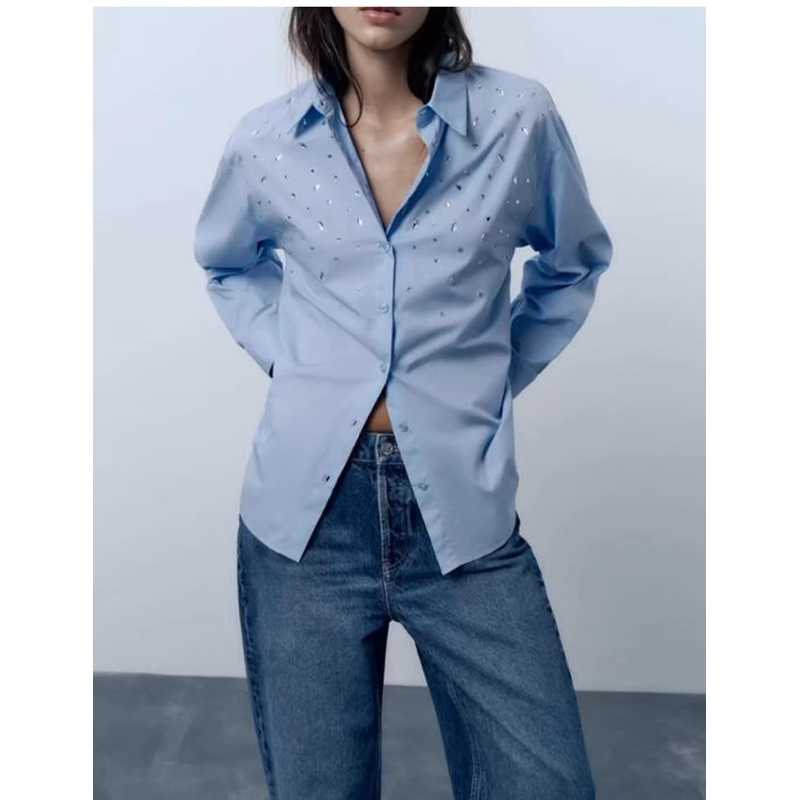 Áo sơmi xanh đá Hạt xuất ZR kèm tag( From to lùi 1 size) (Sẵn)H76