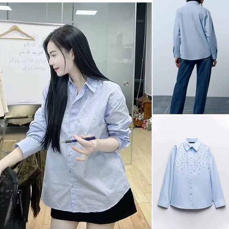 Áo sơmi xanh đá Hạt xuất ZR kèm tag( From to lùi 1 size) (Sẵn)H76