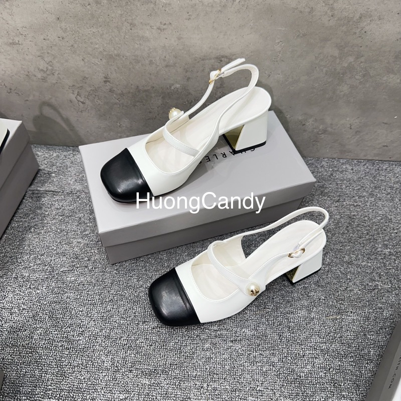 Giày sandal CK phối màu quai đính ngọc mũi vuông-2187- đế trụ cao 6cm-H482