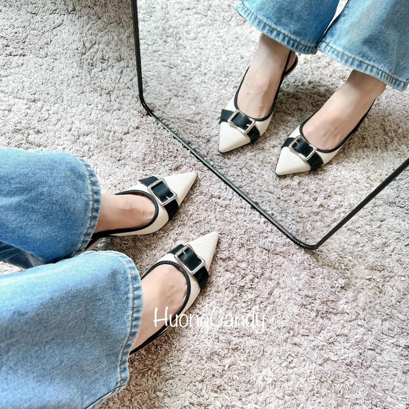 Giày Sandal hở gót mõm nhọn phối khoá cài bản to FullBoxH230
