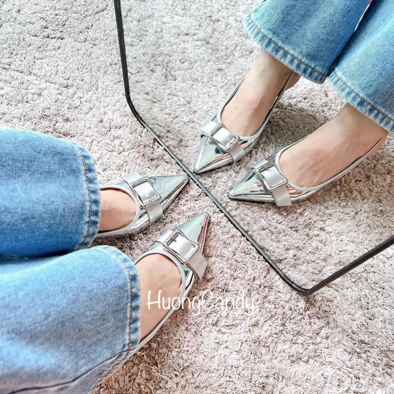 Giày Sandal hở gót mõm nhọn phối khoá cài bản to FullBoxH230