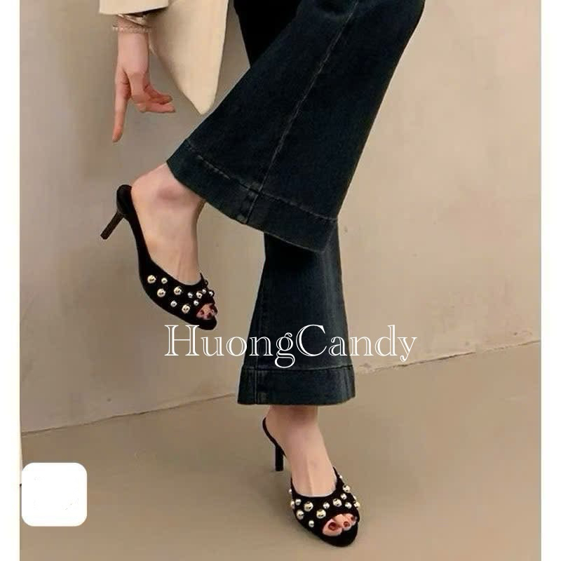 (lùi 1sz-sẵn) Guốc Z Đinh tán nhung đen FULLBOXH12