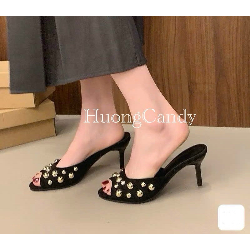 (lùi 1sz-sẵn) Guốc Z Đinh tán nhung đen FULLBOXH12