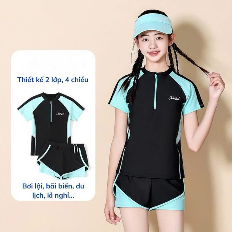 Bộ bơi xanh phối đen bé gái lớn YLike(sẵn) H413