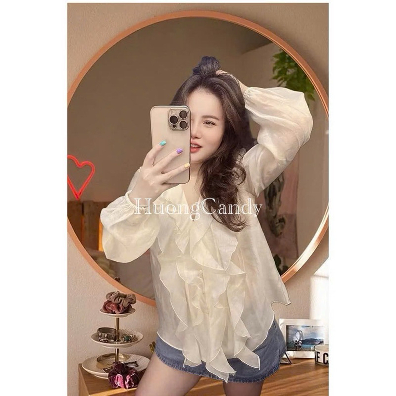 Áo sơ mi tay dài Z xếp lớp cổ chữ V ngọt ngào H418