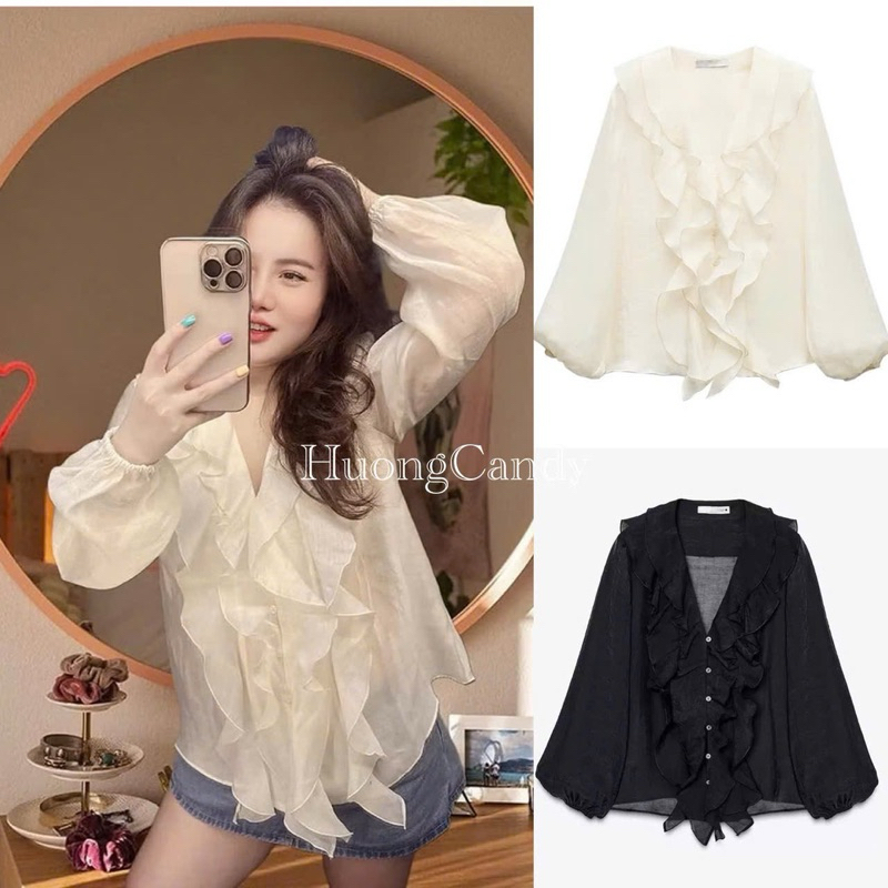 Áo sơ mi tay dài Z xếp lớp cổ chữ V ngọt ngào H418