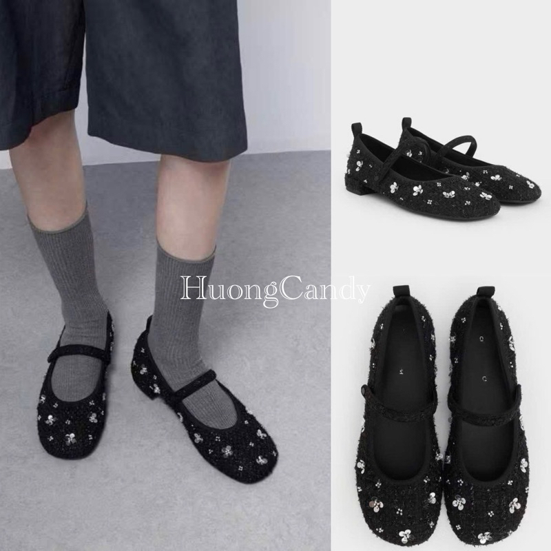 Giày búp bê CK vải tweet đính hoa kim sa (sẵn) H422