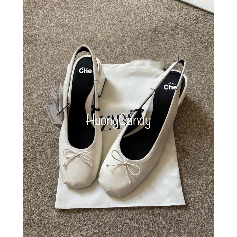 Giày búp bê ZR Trắng mũi nhăn đính nơ đế vuông 6cm(hàng sẵn)H167