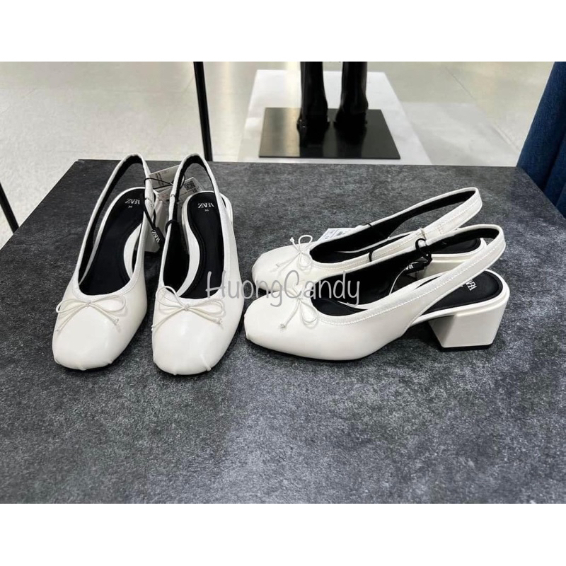 Giày búp bê ZR Trắng mũi nhăn đính nơ đế vuông 6cm(hàng sẵn)H167