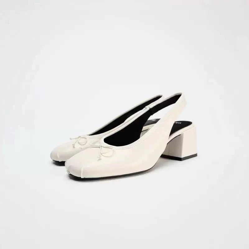 Giày búp bê ZR Trắng mũi nhăn đính nơ đế vuông 6cm(hàng sẵn)H167
