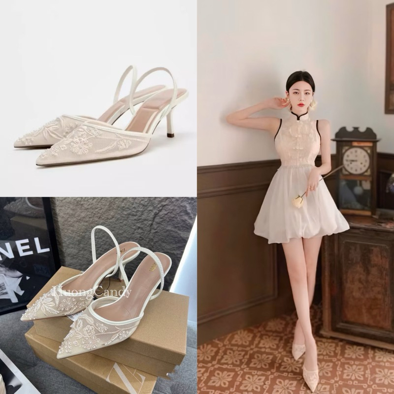 Giày ZR trắng thêu hoa FULLBOX (chân mảnh lùi sz)H117