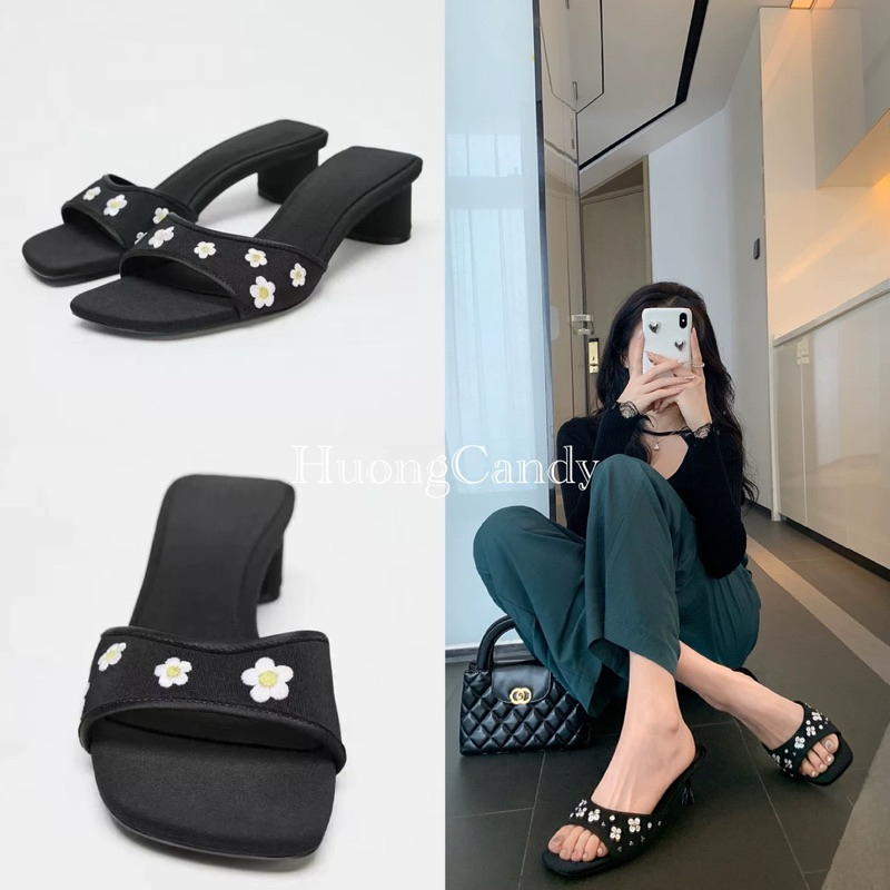 Guốc Z đen thêu hoa cúc vàng FULLBOX(sẵn)H430/3W096/T2.5A