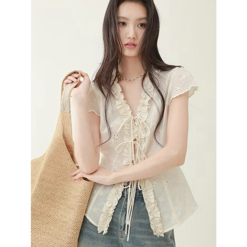 Áo Sơ Mi Nữ Thô Boi WGWE #W8974#H563 Buộc Nơ Ngực Tay Ngắn/ giá A1