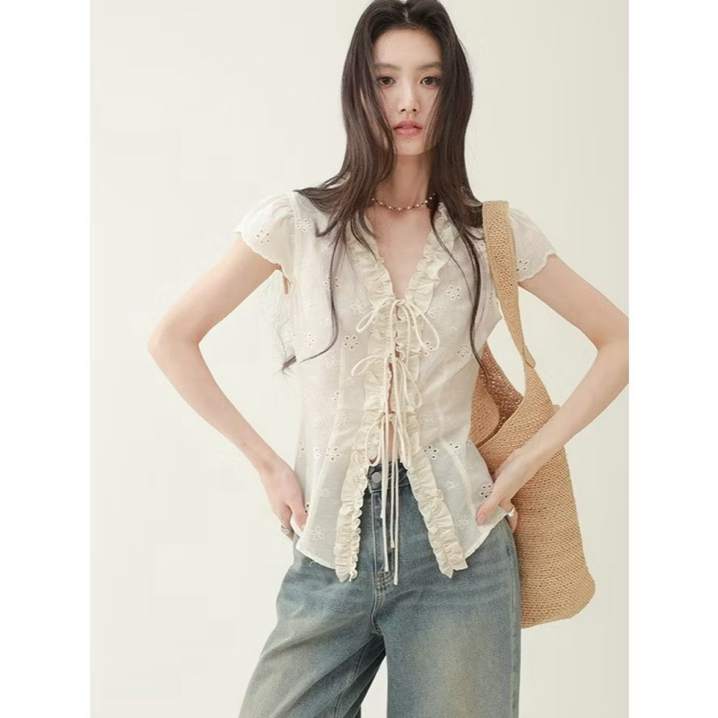 Áo Sơ Mi Nữ Thô Boi WGWE #W8974#H563 Buộc Nơ Ngực Tay Ngắn/ giá A1