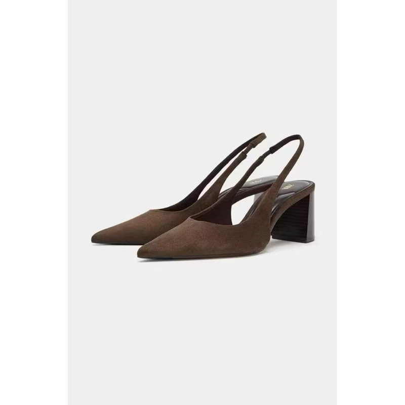 Giày Za Da Lộn nâu/đen Slingback trơn mũi nhọn Basic FullBox (sẵn)-2442-1A/T2-1A/H572