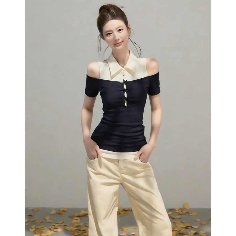 Áo Thun Nữ 𝐖𝐆𝐖𝐄 Phối Cổ Sơ Mi khoét Vai Giả 2 Lớp Đính Nơ #W9139#/H569