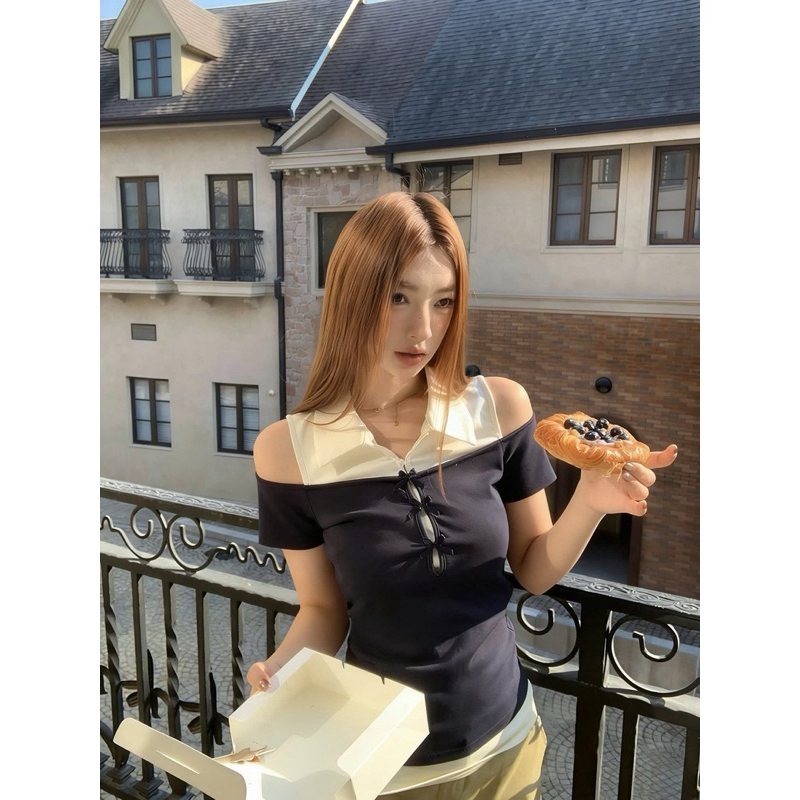 Áo Thun Nữ 𝐖𝐆𝐖𝐄 Phối Cổ Sơ Mi khoét Vai Giả 2 Lớp Đính Nơ #W9139#/H569