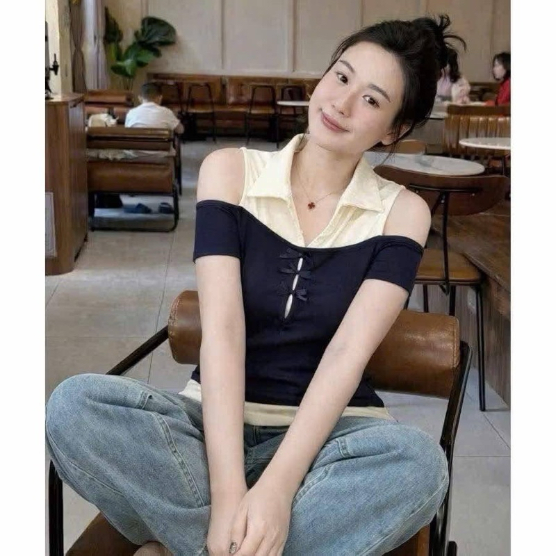 Áo Thun Nữ 𝐖𝐆𝐖𝐄 Phối Cổ Sơ Mi khoét Vai Giả 2 Lớp Đính Nơ #W9139#/H569