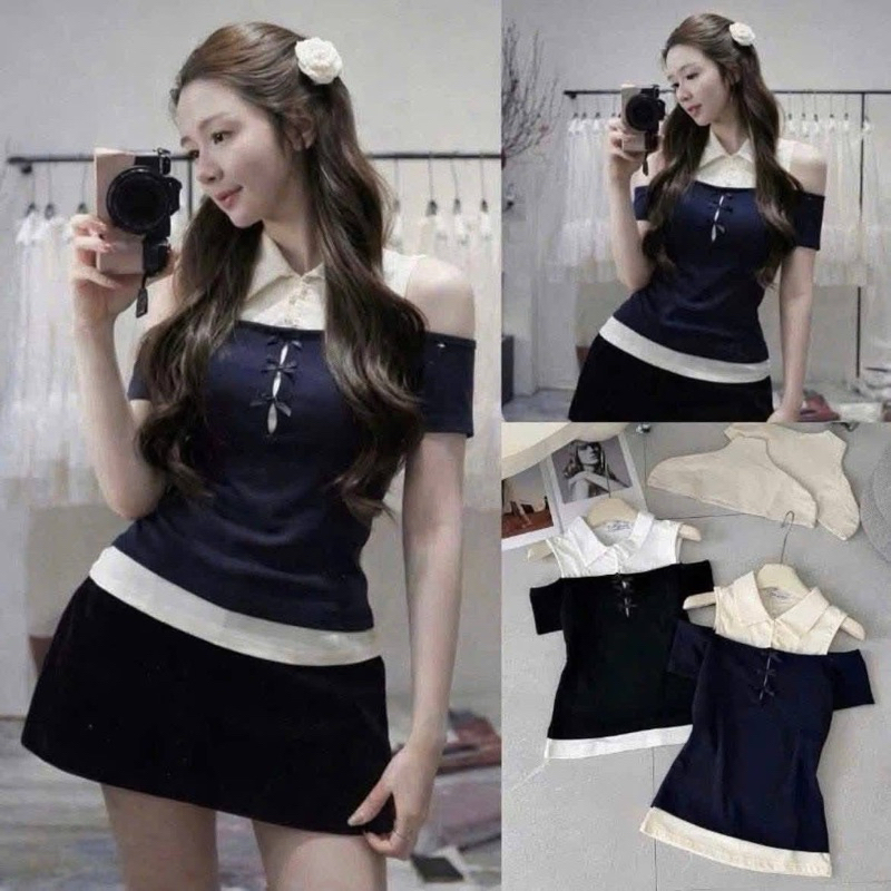 Áo Thun Nữ 𝐖𝐆𝐖𝐄 Phối Cổ Sơ Mi khoét Vai Giả 2 Lớp Đính Nơ #W9139#/H569